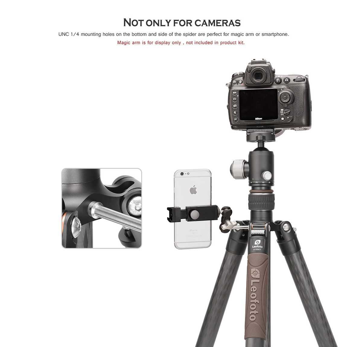 UNC 1/4 inch mounting holes on the side of head are perfect for magic arm or smartphone